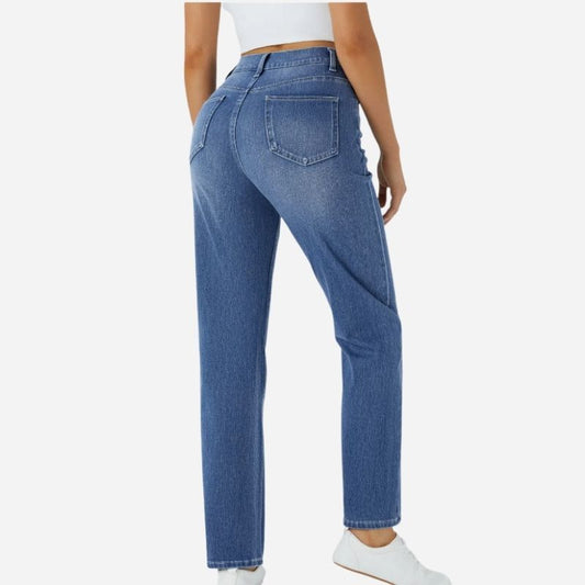 Straight Leg Jeans for Women Stretchy Pull on Sweatpant Tummy Control Denim