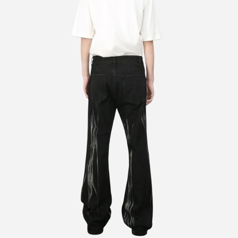 Tie dye hip hop wide leg jeans streetwear y2k men's baggy flared denim pants in black, back view