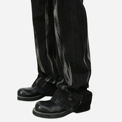 Tie dye hip hop wide leg jeans streetwear y2k men's baggy flared denim pants in black, hem details
