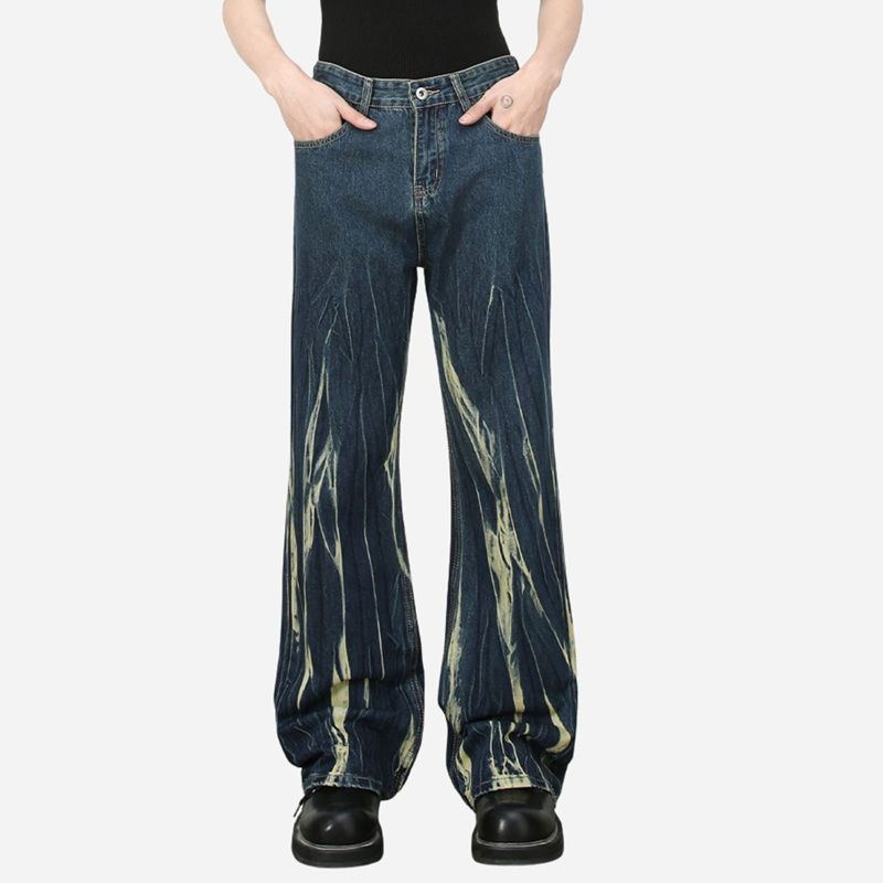 Tie dye hip hop wide leg jeans streetwear y2k men's baggy flared denim pants in blue, front view