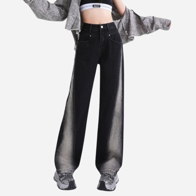 Women’s High Waisted Color Block Jeans Wide Leg Straight Baggy Denim Pants