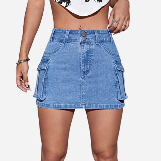 Women’s Cargo Denim Mini Skirt – Low Waist Button Front Bodycon Y2K Style Blue Color