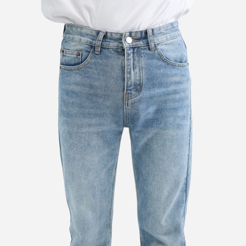 Waistband details of men’s stretch straight leg jeans relaxed fit flared bell bottom denim pants in blue