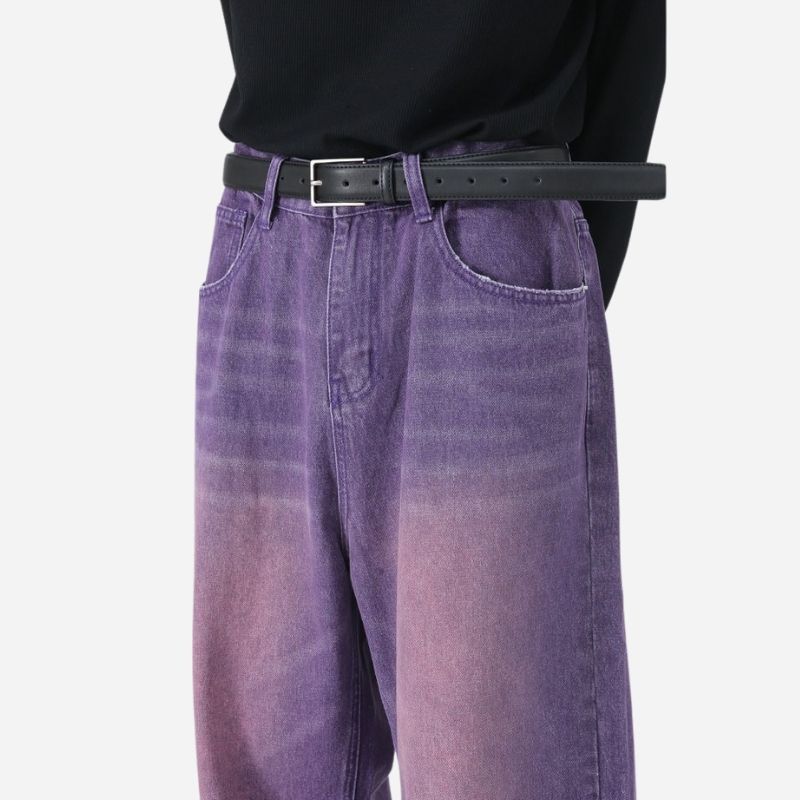 Waistband details of men’s wide leg straight baggy jeans y2k streetwear hip hop loose fit denim pants in purple