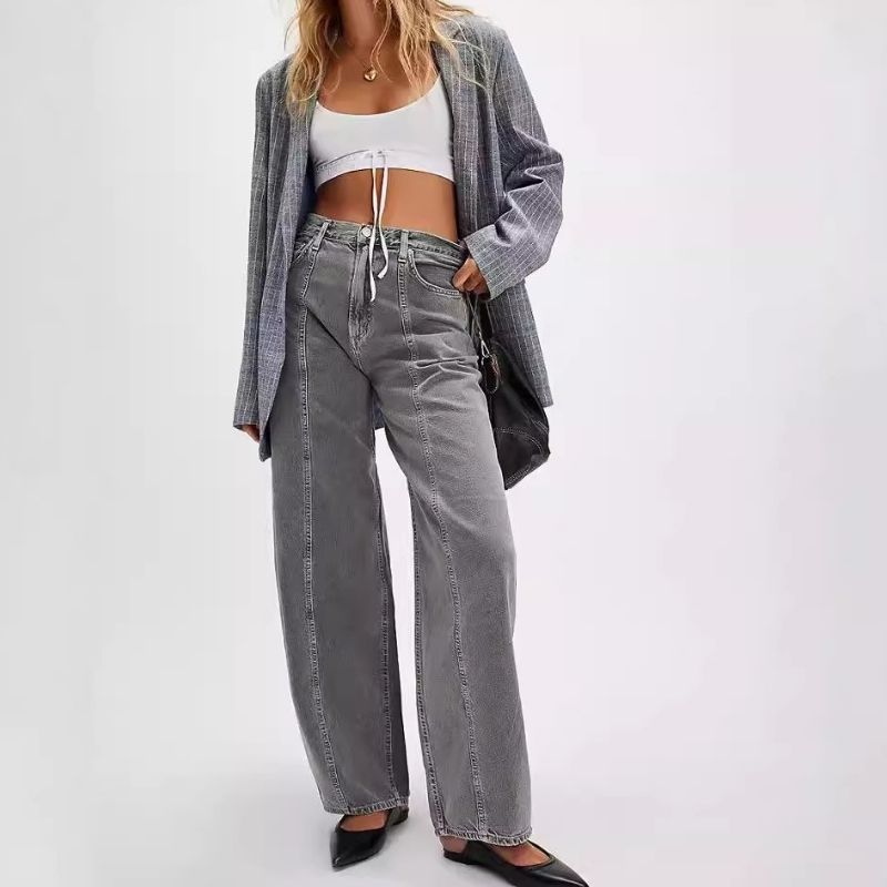 Wide leg baggy jeans for women high waisted front seam loose fit denim in grey, front view