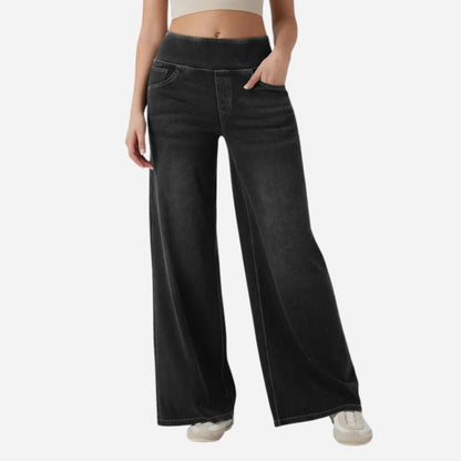 Wide leg tummy control pull on sweatpant jeans baggy denim pants for women in navy, black view