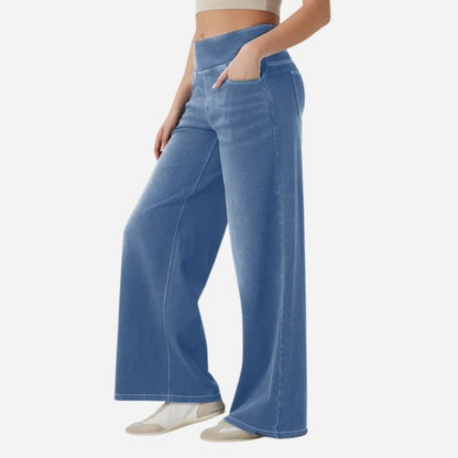 Wide leg tummy control pull on sweatpant jeans baggy denim pants for women in light blue, side view