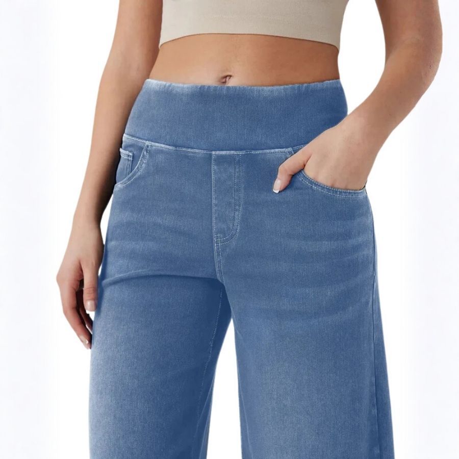 Wide leg tummy control pull on sweatpant jeans baggy denim pants for women in light blue, waistband details view