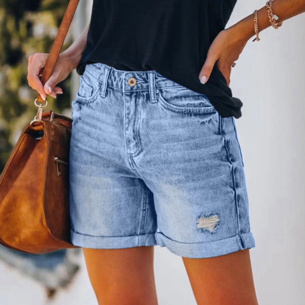 Women's Ripped Denim Shorts High Rise Distressed Rolled Hem Jeans Shorts blue color