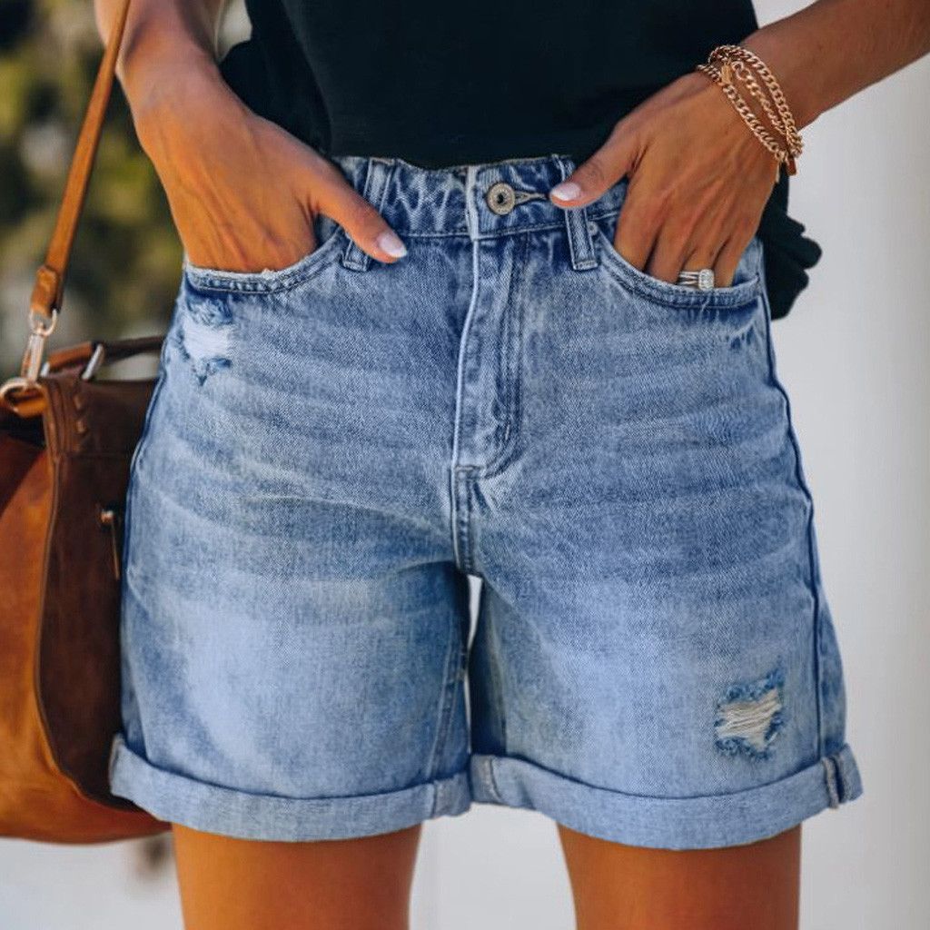Women's Ripped Denim Shorts High Rise Distressed Rolled Hem Jeans Shorts blue color