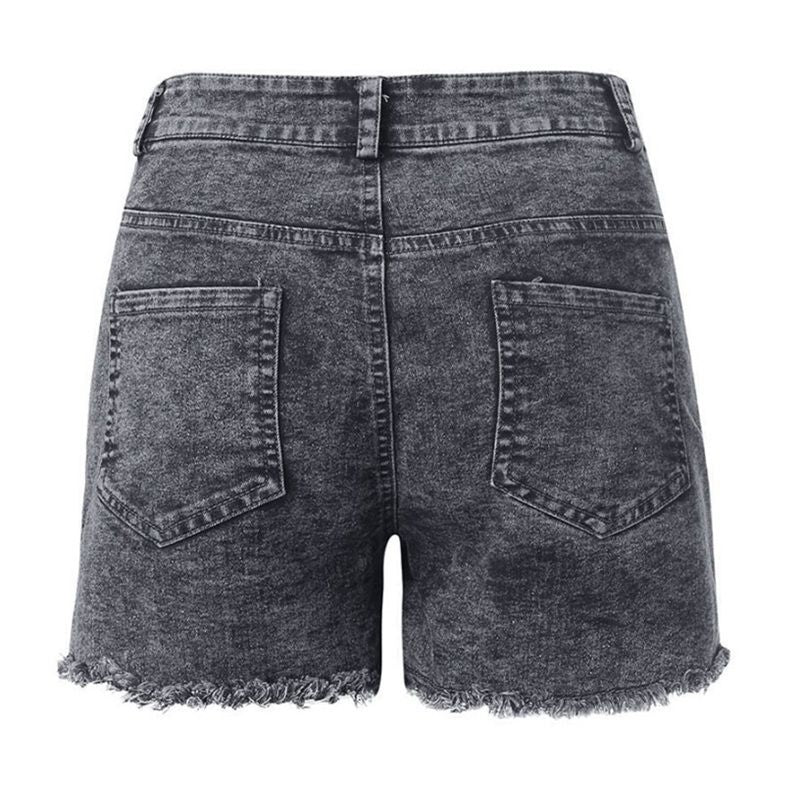 Women high waisted plus size jean shorts in grey, back view