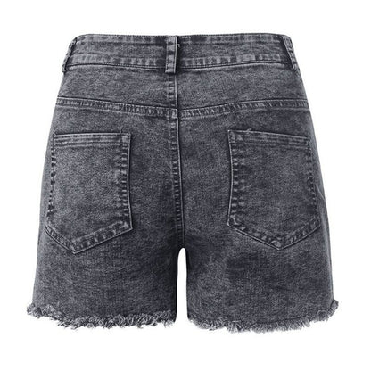 Women high waisted plus size jean shorts in grey, back view