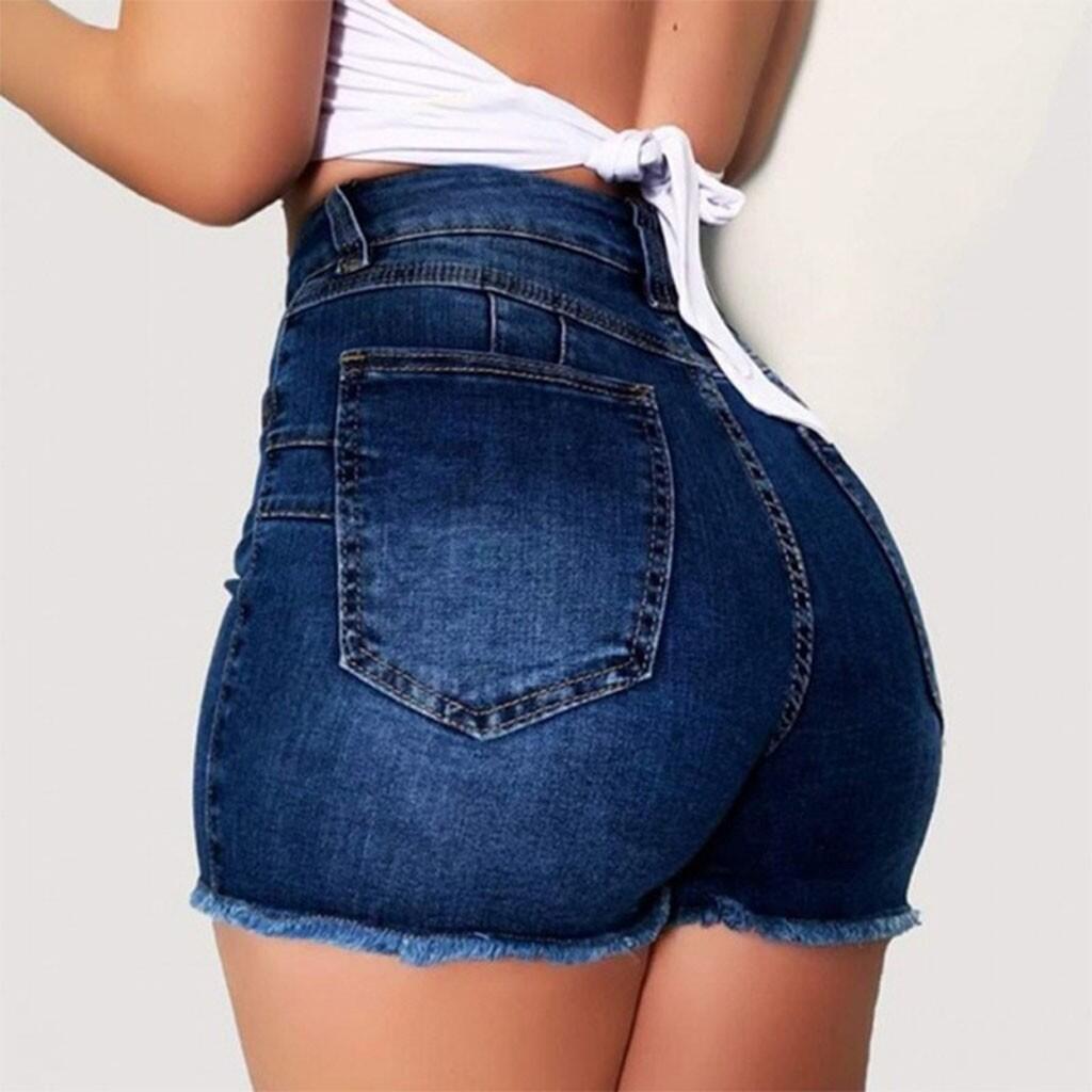 Women high waisted plus size jean shorts in navy, back view