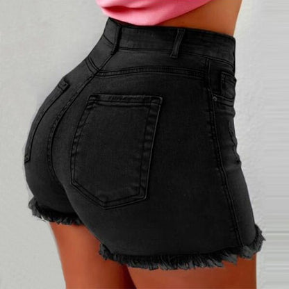 Women high waisted plus size jean shorts in black, back view
