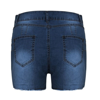 Women high waisted plus size jean shorts in navy, back view