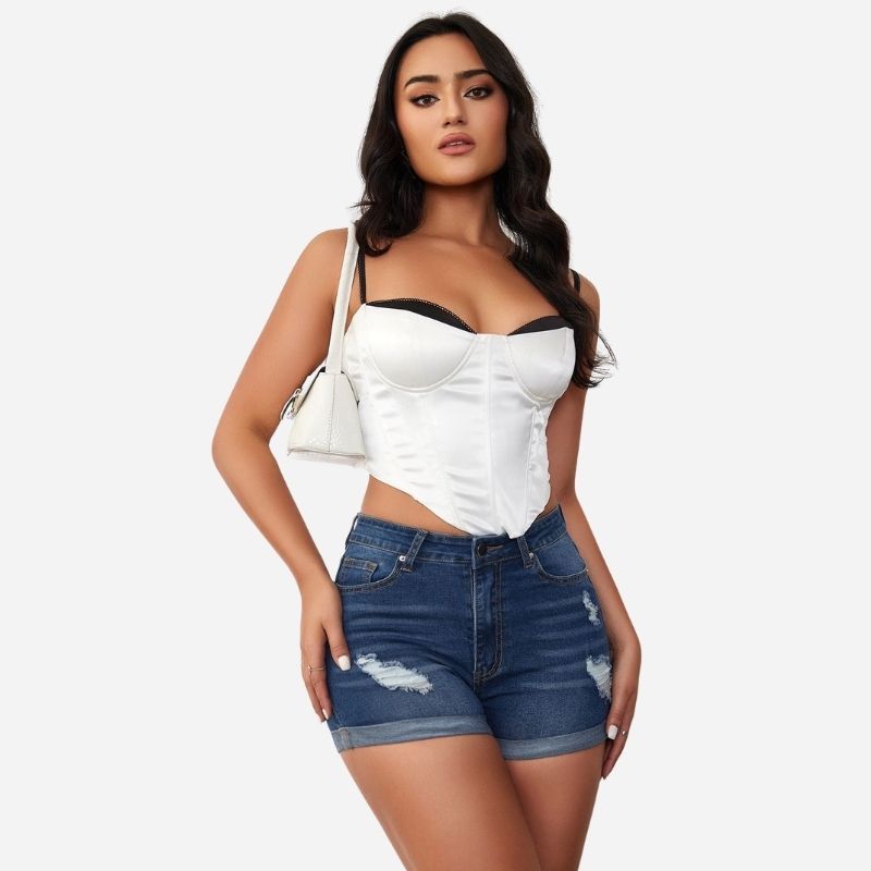 Women's ripped denim shorts, front view