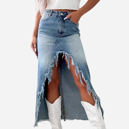 Women’s High Waisted Slit Denim Midi Skirt Frayed A-Line Jean Skirt