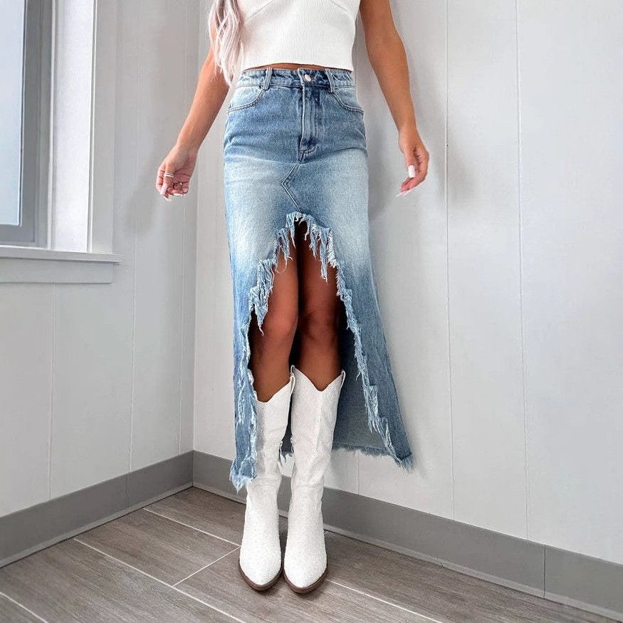 Women’s High Waisted Slit Denim Midi Skirt Frayed A-Line Jean Skirt