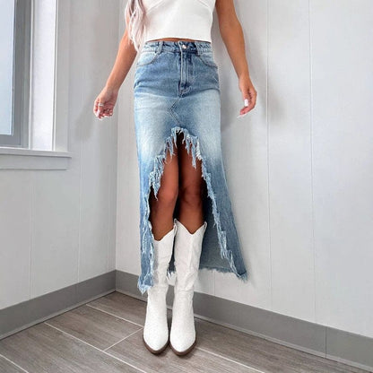 Women’s High Waisted Slit Denim Midi Skirt Frayed A-Line Jean Skirt