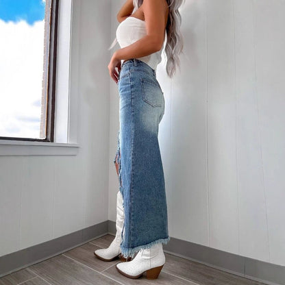 Women’s High Waisted Slit Denim Midi Skirt Frayed A-Line Jean Skirt with back view