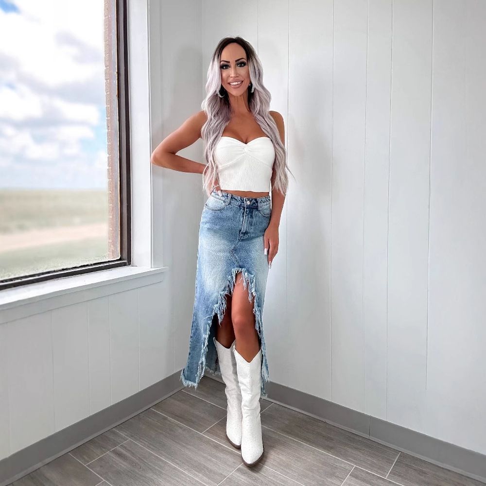 Women’s High Waisted Slit Denim Midi Skirt Frayed A-Line Jean Skirt