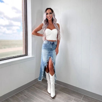 Women’s High Waisted Slit Denim Midi Skirt Frayed A-Line Jean Skirt