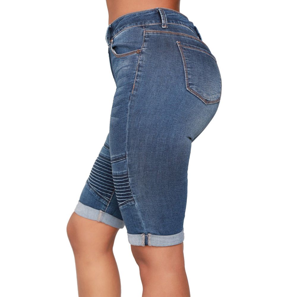 Women’s Biker Stretch Denim Knee Length Shorts Moto-inspired Ribbed Jeans - Navy Color back view