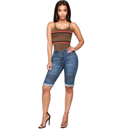 Women’s Biker Stretch Denim Knee Length Shorts Moto-inspired Ribbed Jeans - Navy Color