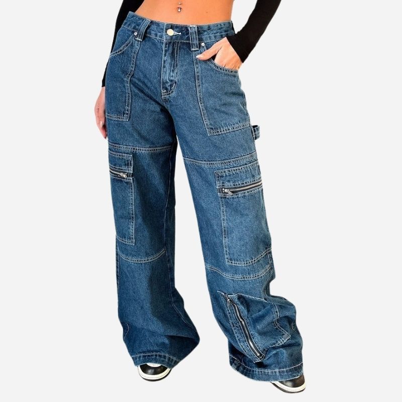 Women's high waist cargo jeans baggy wide leg y2k denim, front view