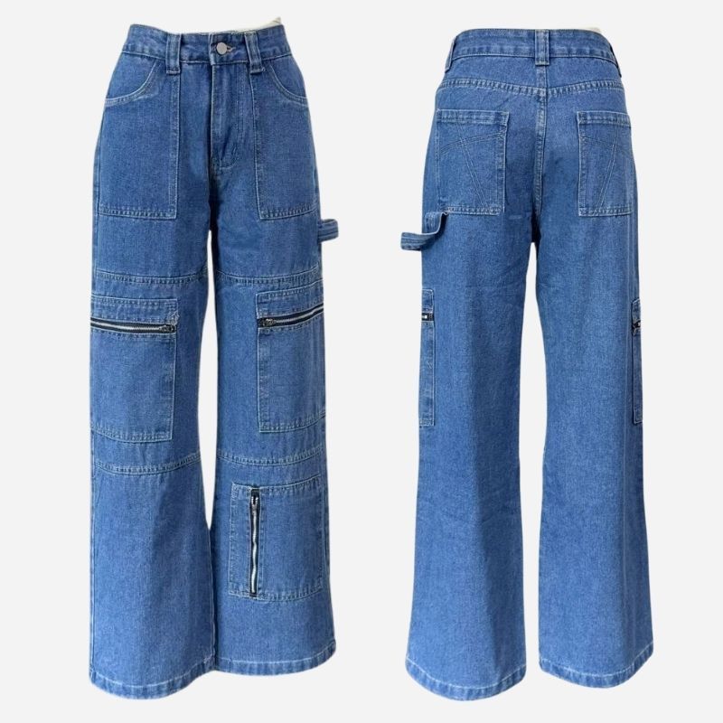 Women's high waist cargo jeans baggy wide leg y2k denim, front and back views