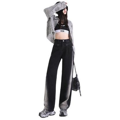 Women’s High Waisted Color Block Jeans Wide Leg Straight Baggy Denim Pants black color