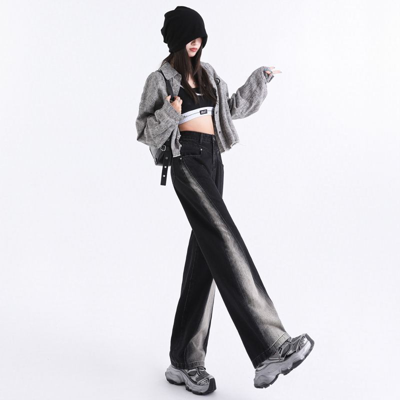 Women’s High Waisted Color Block Jeans Wide Leg Straight Baggy Denim Pants black color