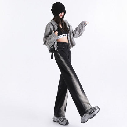 Women’s High Waisted Color Block Jeans Wide Leg Straight Baggy Denim Pants black color