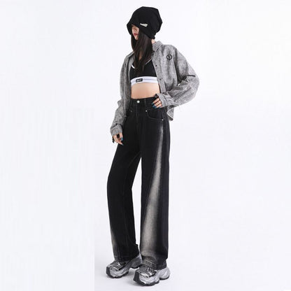 Women’s High Waisted Color Block Jeans Wide Leg Straight Baggy Denim Pants