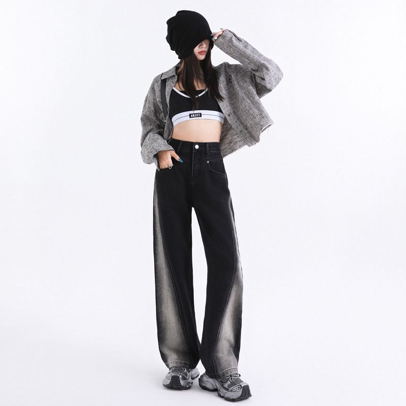 Women’s High Waisted Color Block Jeans Wide Leg Straight Baggy Denim Pants black color