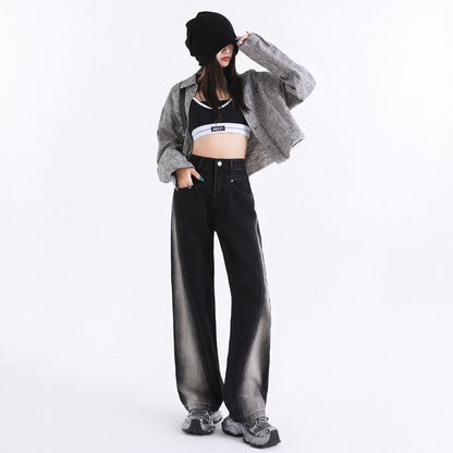 Women’s High Waisted Color Block Jeans Wide Leg Straight Baggy Denim Pants black color