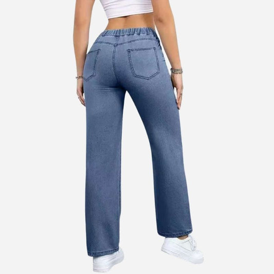Women's high waisted pull on wide leg stretch drawstring denim pants in blue, back view