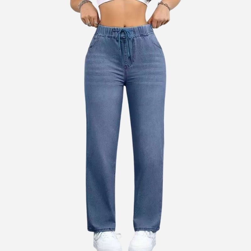 Women's high waisted pull on wide leg stretch drawstring denim pants in blue