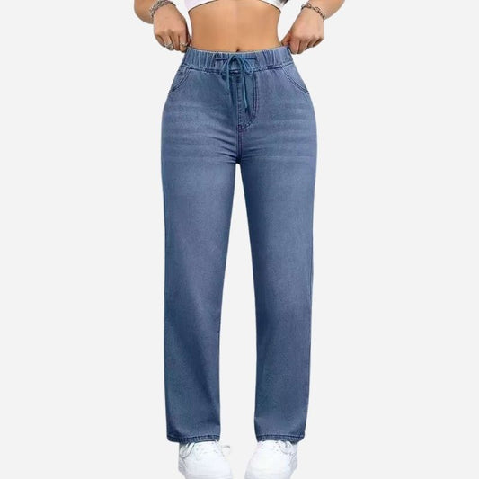 Women's high waisted pull on wide leg stretch drawstring denim pants in blue