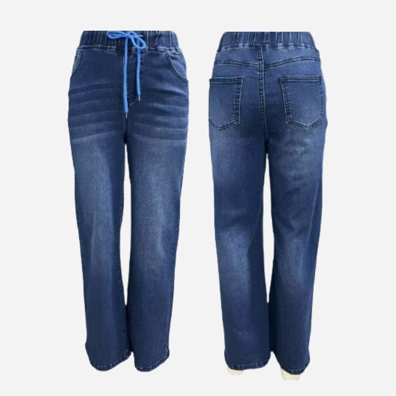 Women's high waisted pull on wide leg stretch drawstring denim pants in navy, front and back views