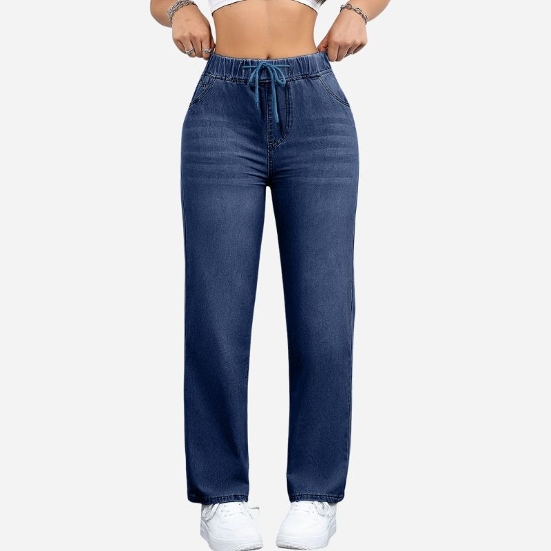 Women's high waisted pull on wide leg stretch drawstring denim pants in navy, front view