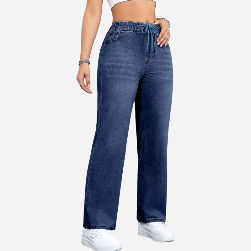 Women's high waisted pull on wide leg stretch drawstring denim pants in navy, side view