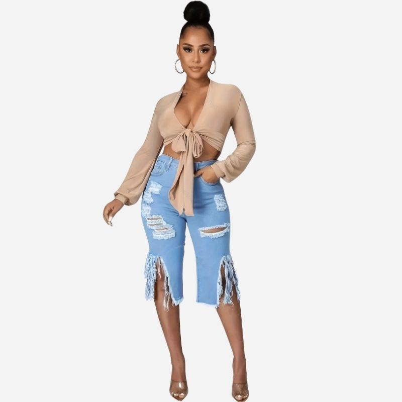 Women's high waisted ripped denim capri shorts raw hem chain distressed in blue