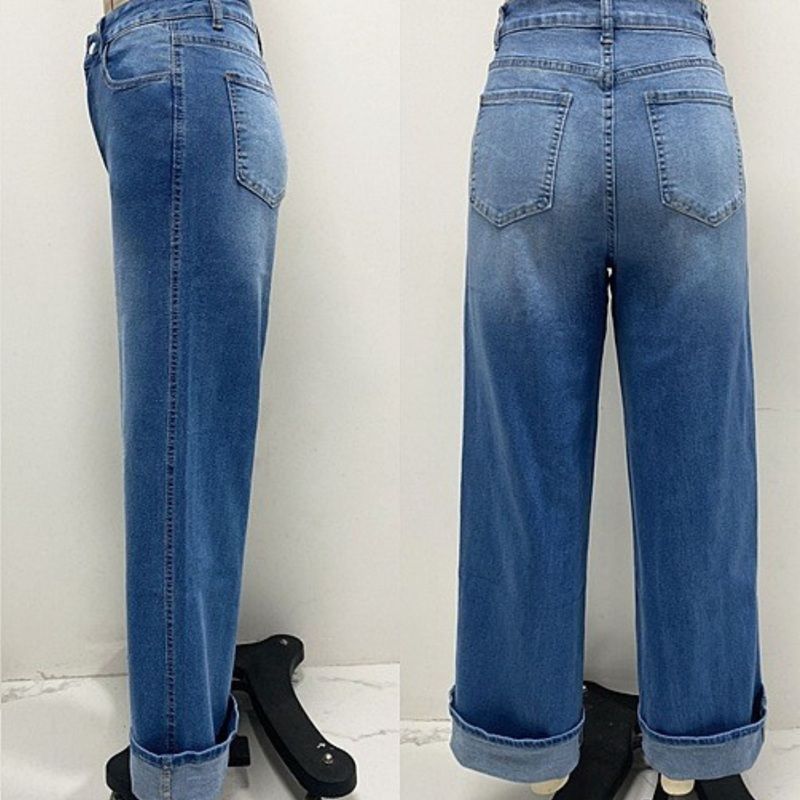 Women’s High Waisted Straight Wide Leg Cuffed Jeans Palazzo Baggy Denim Pants with back view
