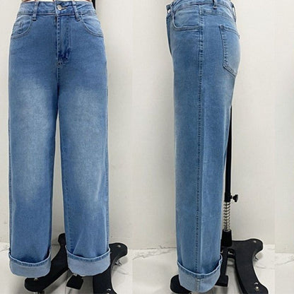 Women’s High Waisted Straight Wide Leg Cuffed Jeans Palazzo Baggy Denim Pants with back view