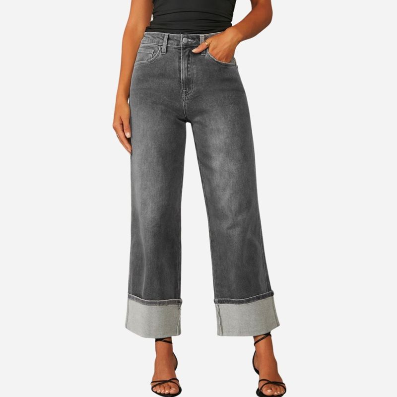 Women’s High Waisted Straight Wide Leg Cuffed Jeans Palazzo Baggy Denim Pants grey color