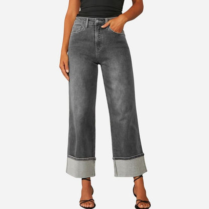 Women’s High Waisted Straight Wide Leg Cuffed Jeans Palazzo Baggy Denim Pants grey color