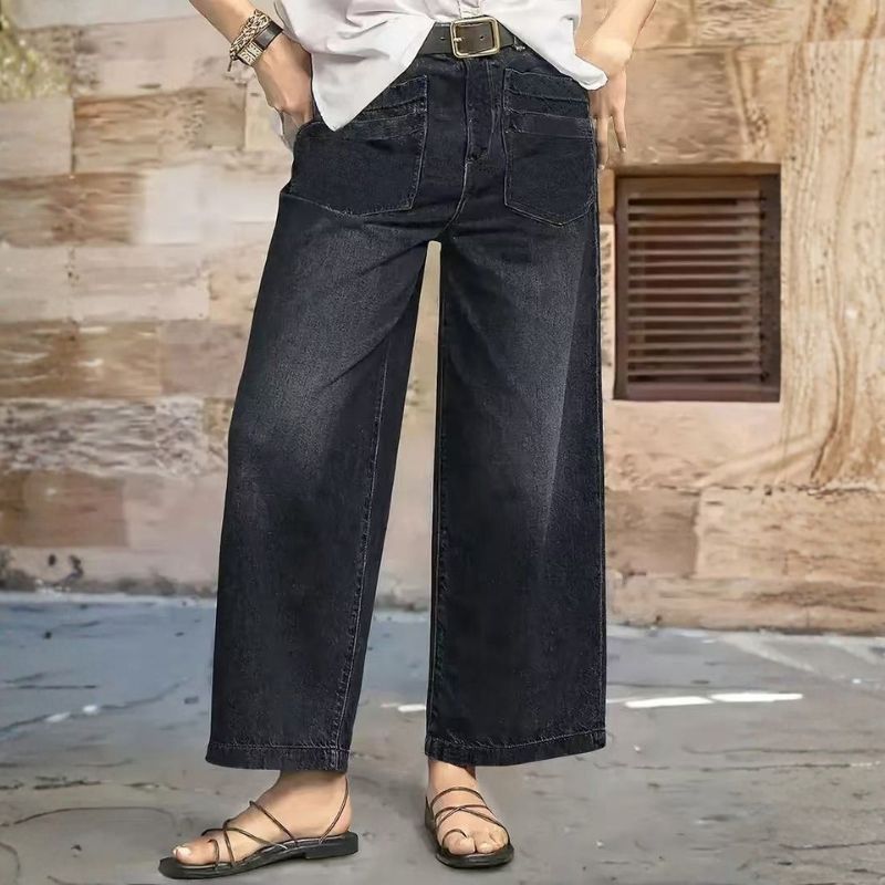 Women's high waisted straight wide leg baggy jeans denim pants in black