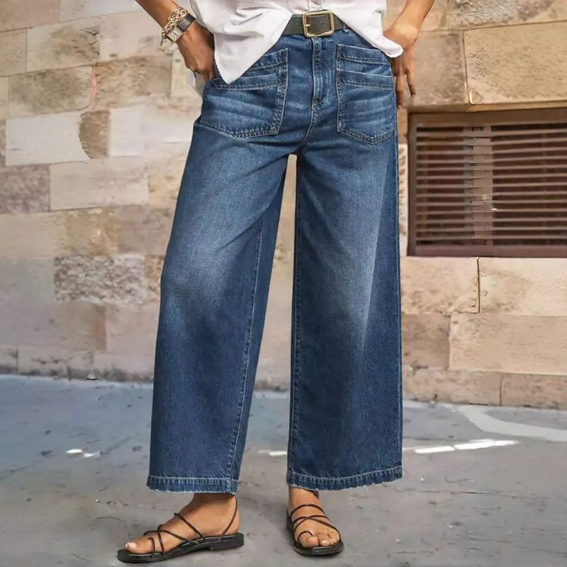 Women's high waisted straight wide leg baggy jeans stretch denim pants in blue, front view