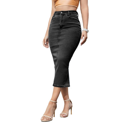 Women's Long Denim Pencil Skirt with Back Slit Bodycon A-line Jean Skirt Black Color